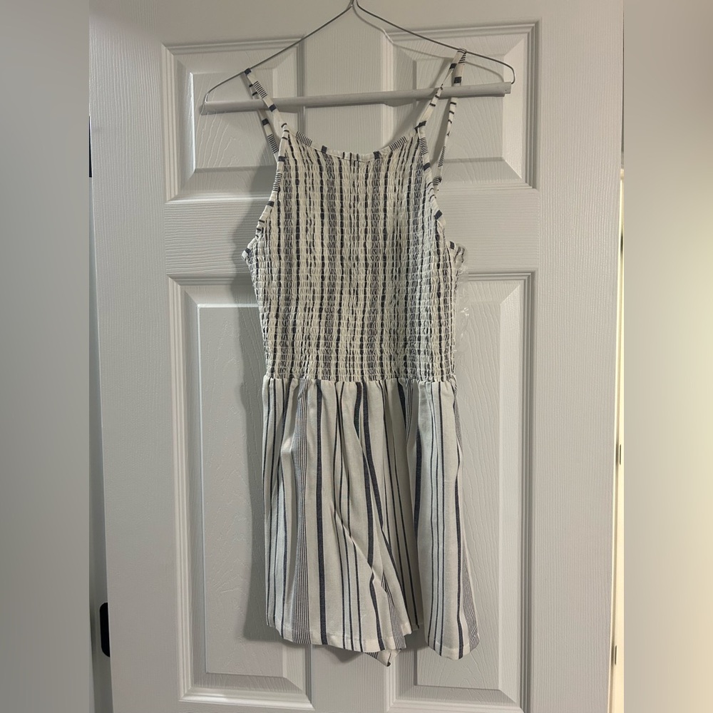 Striped Smocked Linen Romper in White and Navy